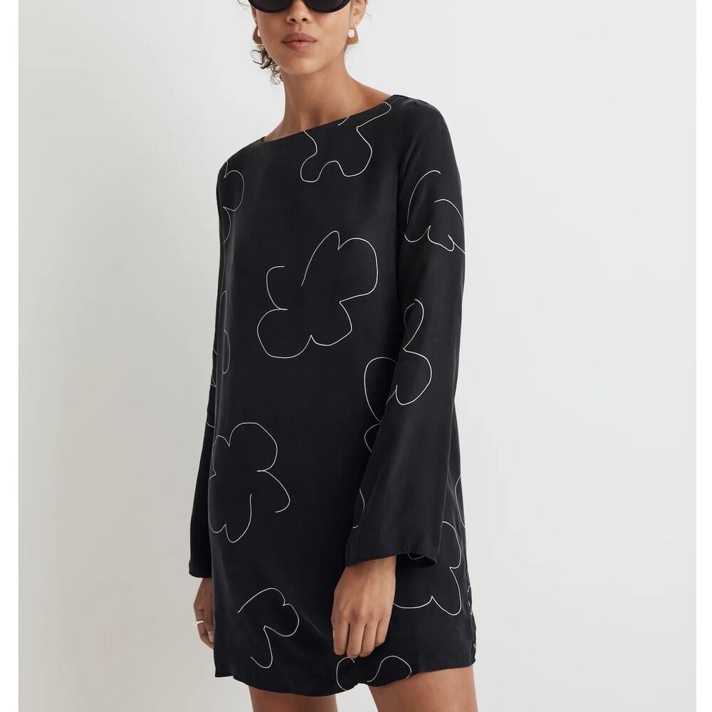 NWT Madewell Black White Floral Long Bell Sleeves Mini Shift Dress Women's XXS